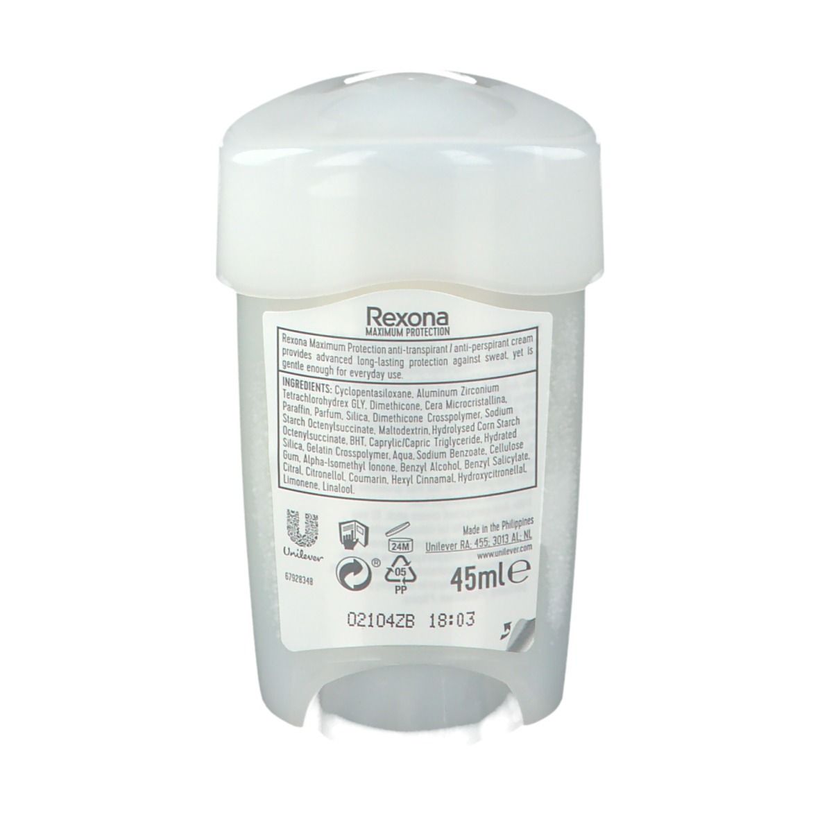 Achterkant van de Rexona Maximum Protection deodorant. Bevat ingrediënten en fabrikantinformatie. Witte container met deksel.