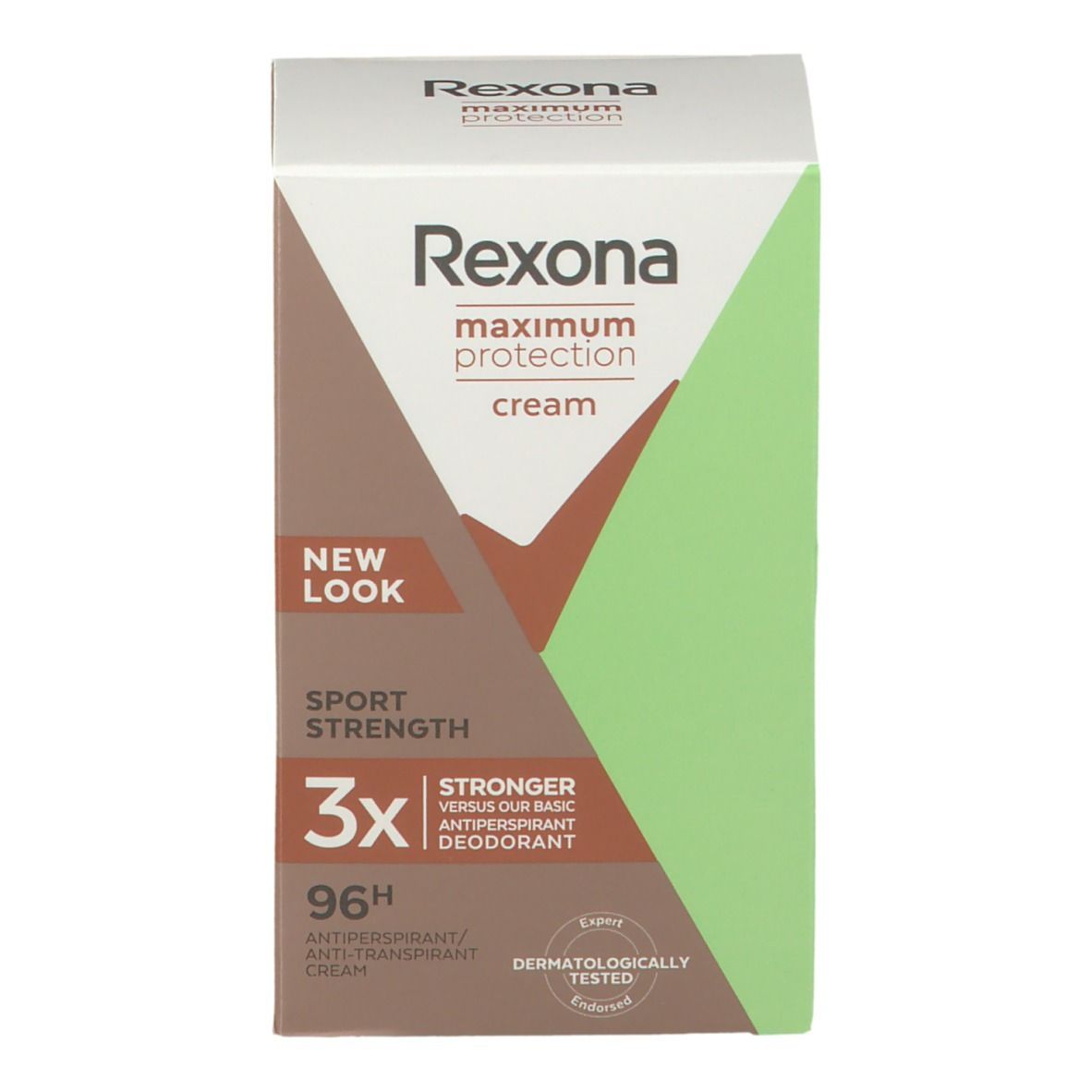 Verpakking van Rexona Maximum Protection crème. Wit, bruin en groen. Productnaam en logo. '3x sterker' en 'Dermatologisch getest'.
