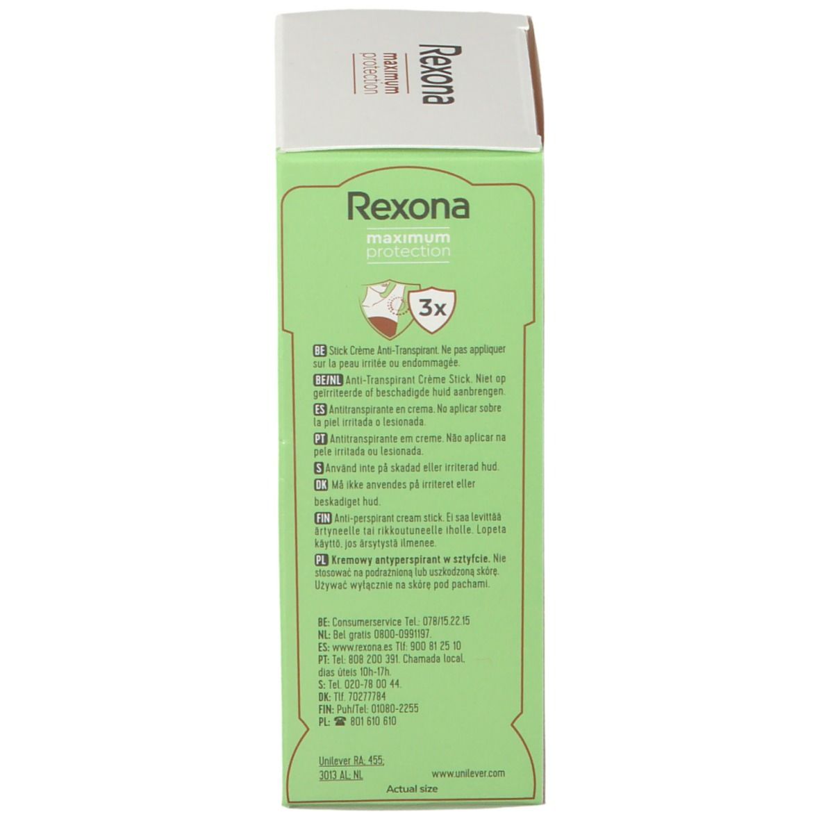 Zijkant van de Rexona Maximum Protection crème verpakking. Tekst in meerdere talen. Groene achtergrond. Logo en productnaam.