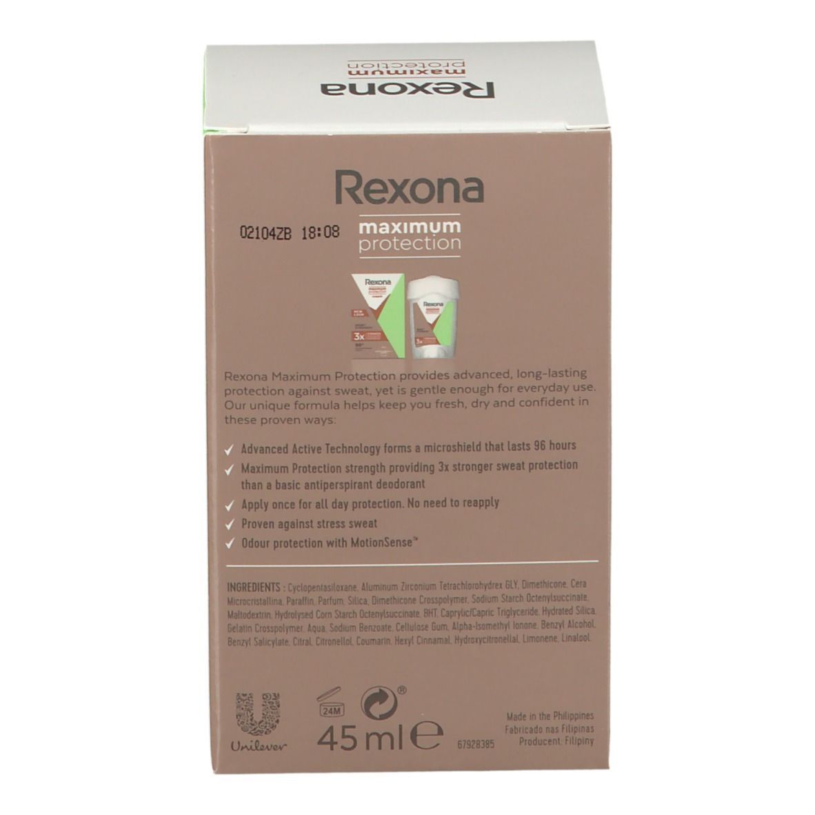 Achterkant van de Rexona Maximum Protection crème verpakking. Bevat productinformatie en ingrediënten. Bruine achtergrond.