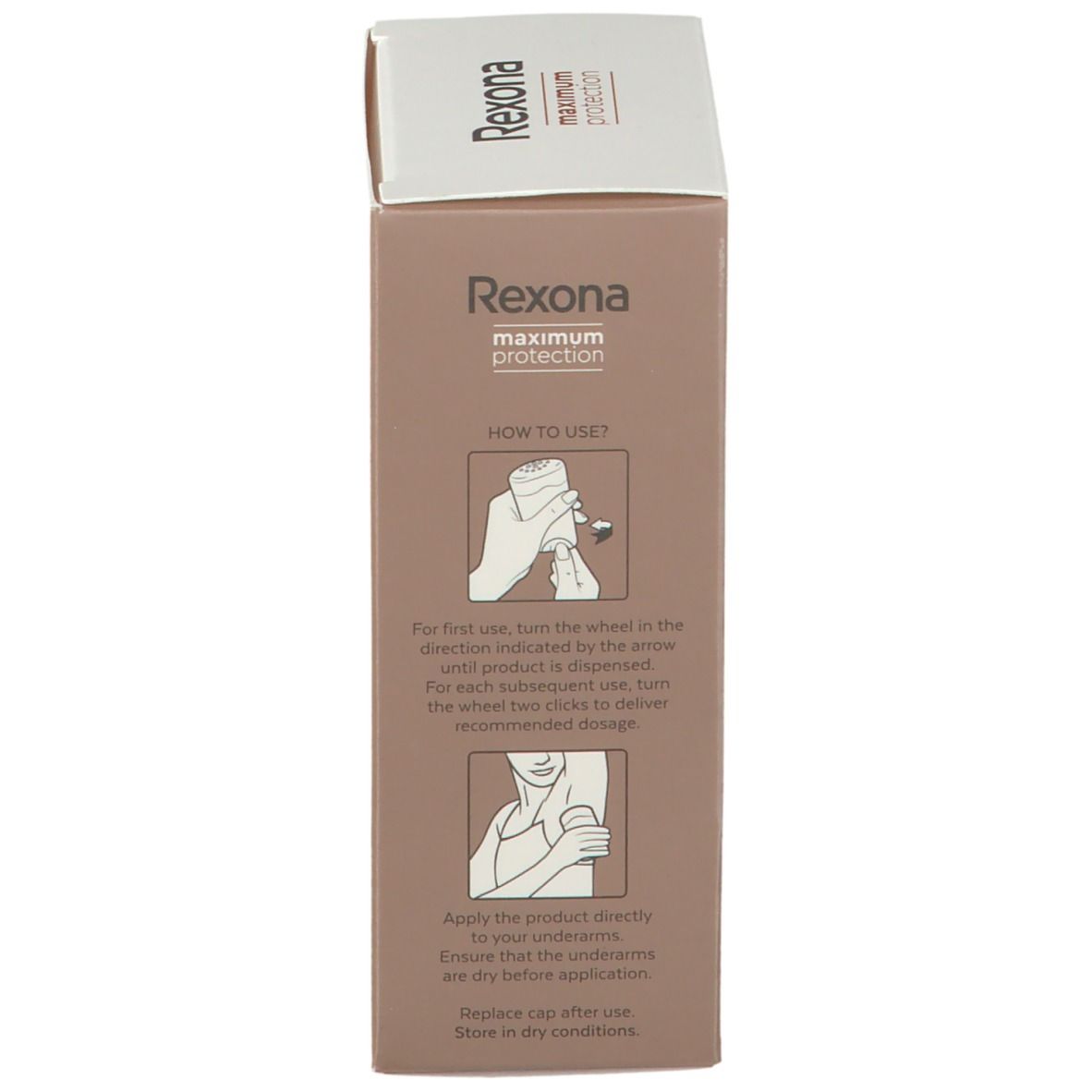 Zijkant van de Rexona Maximum Protection crème verpakking. Gebruiksaanwijzing met illustraties. Bruine achtergrond. Logo bovenaan.