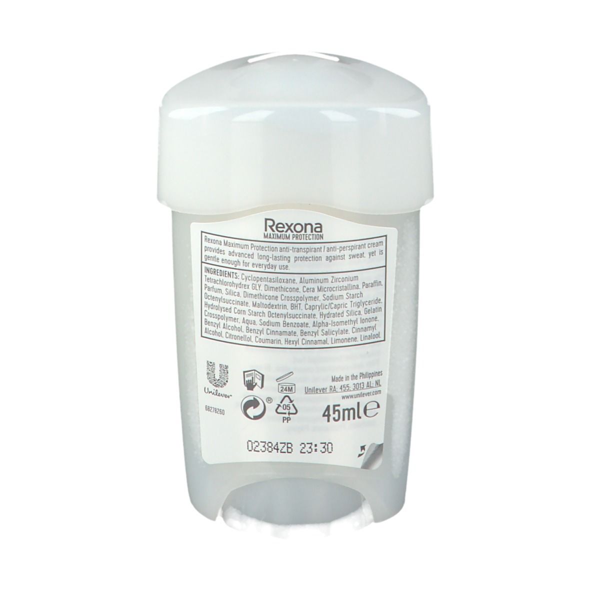Rückseite des Deo-Sticks. Enthält Inhaltsstoffe, Warnhinweise und Herstellerinformationen. Volumen: 45 ml.