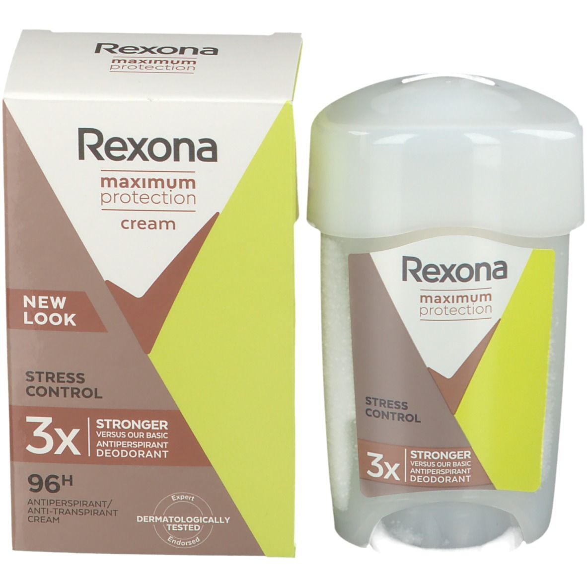 Produkt und Verpackung. Rexona maximum protection cream. Stress Control. 3x stärkeres Antitranspirant. 96H.