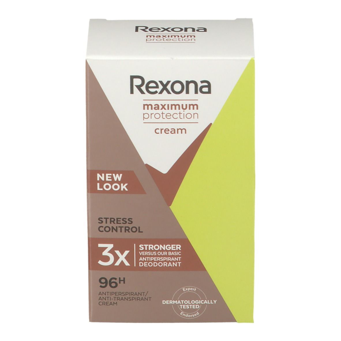 Verpackung. Rexona maximum protection cream. Stress Control. 3x stärkeres Antitranspirant. 96H. Dermatologisch getestet.