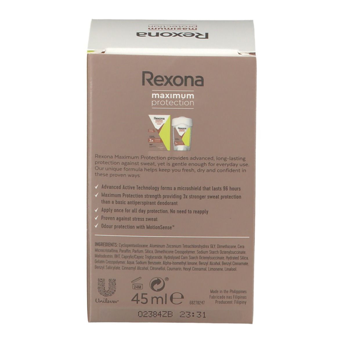 Verpackung. Informationen zu Rexona Maximum Protection. Inhaltsstoffe und Herstellerinformationen. Volumen: 45 ml.