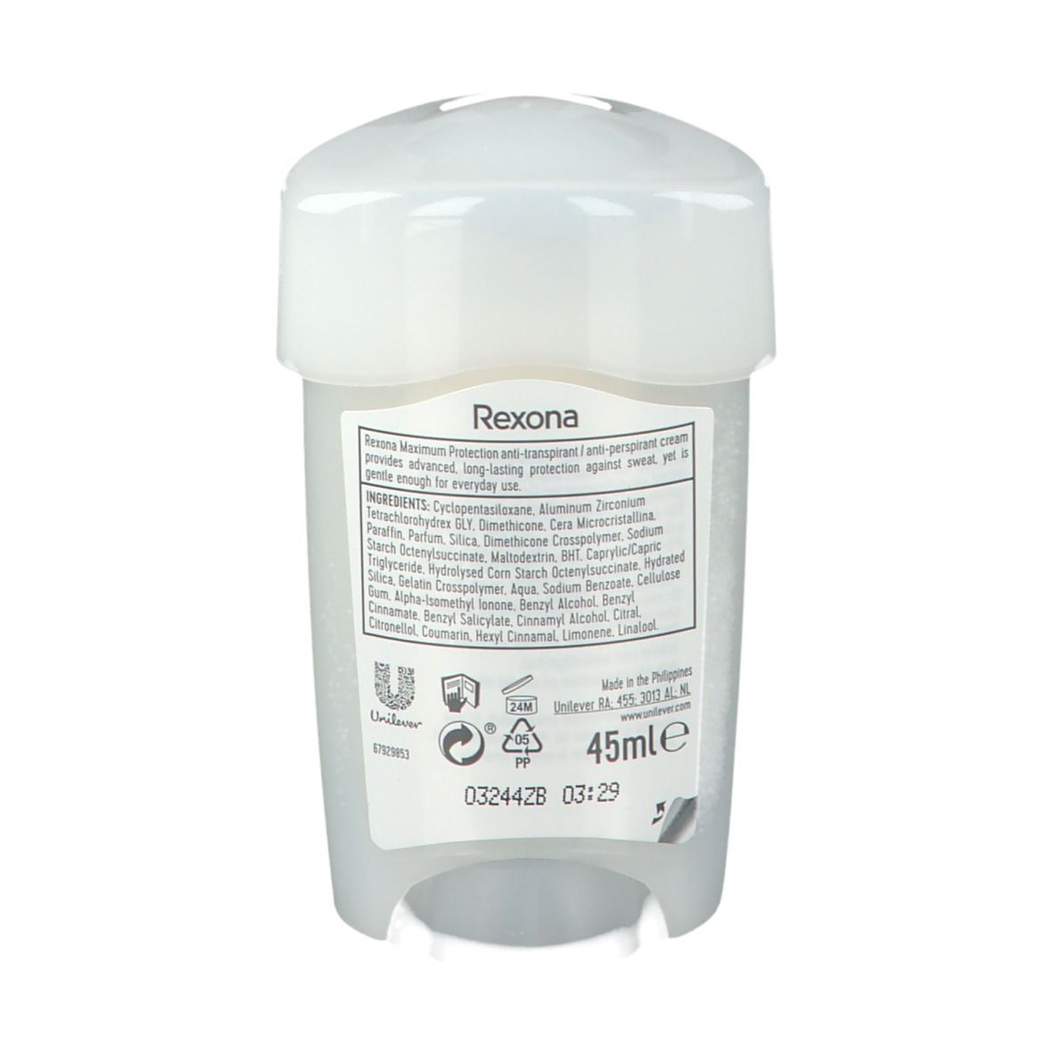 Rückseite des Deo-Rollers. Enthält Informationen zu Inhaltsstoffen, Hersteller und Volumen (45ml).
