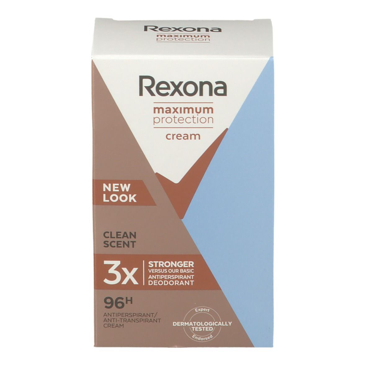 Verpackung von Rexona Maximum Protection. Aufschrift: Clean Scent, 3x stärker, 96h. Blau-braunes Design.