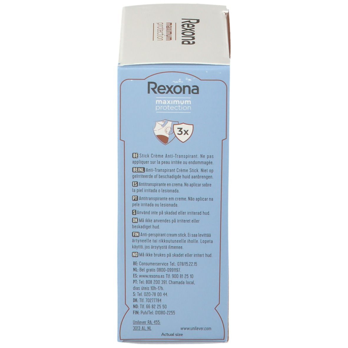 Rückseite der Verpackung. Enthält Informationen in verschiedenen Sprachen. Rexona Maximum Protection.