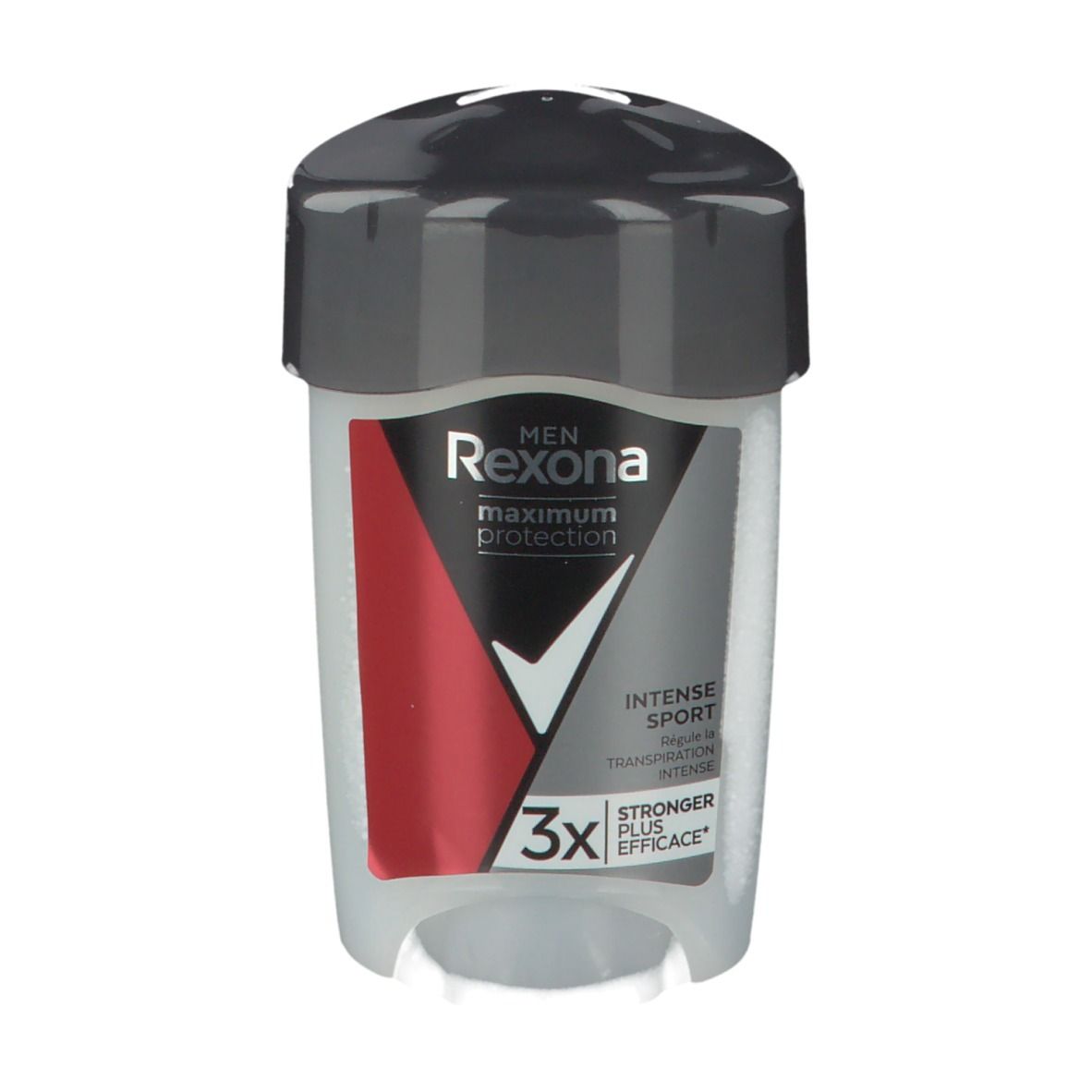 Rexona Maximum Protection Intense Sport Dry Stick. Witte houder met grijze deksel. Rode accent met witte vink. Tekst: Intense Sport.
