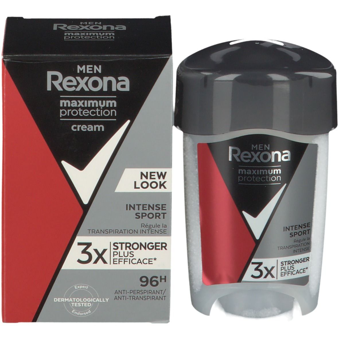 Rexona Maximum Protection Intense Sport Dry Stick en verpakking. Zwarte doos met rood en grijs ontwerp. Product en verpakking naast elkaar.