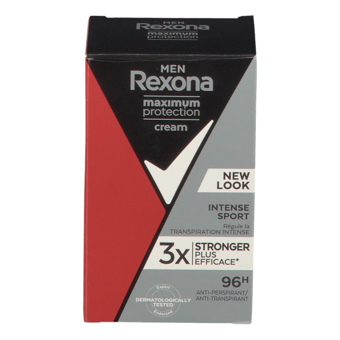 Verpakking van Rexona Maximum Protection Intense Sport. Zwarte doos met rood en grijs ontwerp. Tekst: Intense Sport, 96H Anti-transpirant.