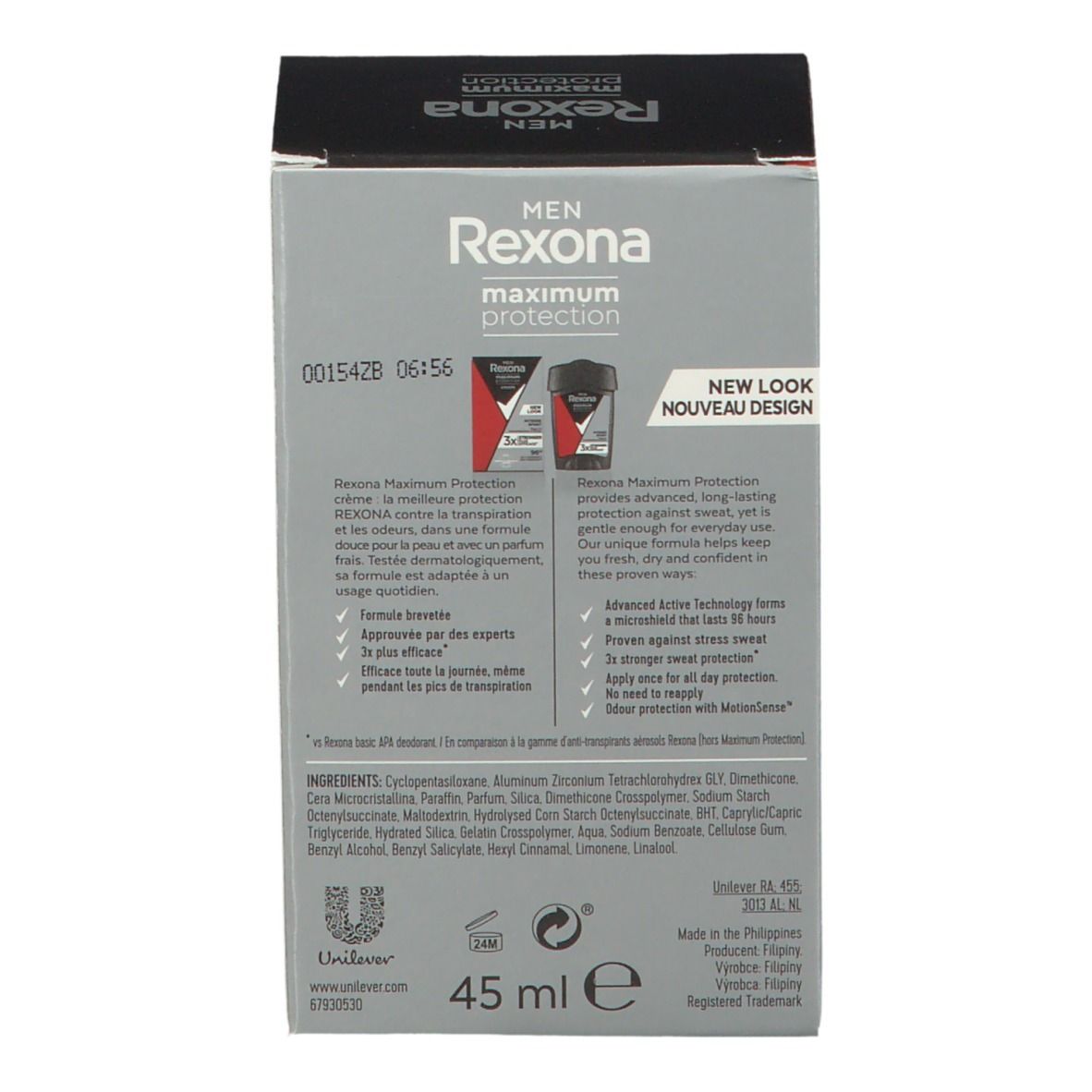 Achterkant van de Rexona Maximum Protection Intense Sport verpakking. Bevat informatie, ingrediënten en logo's. Volume: 45 ml.