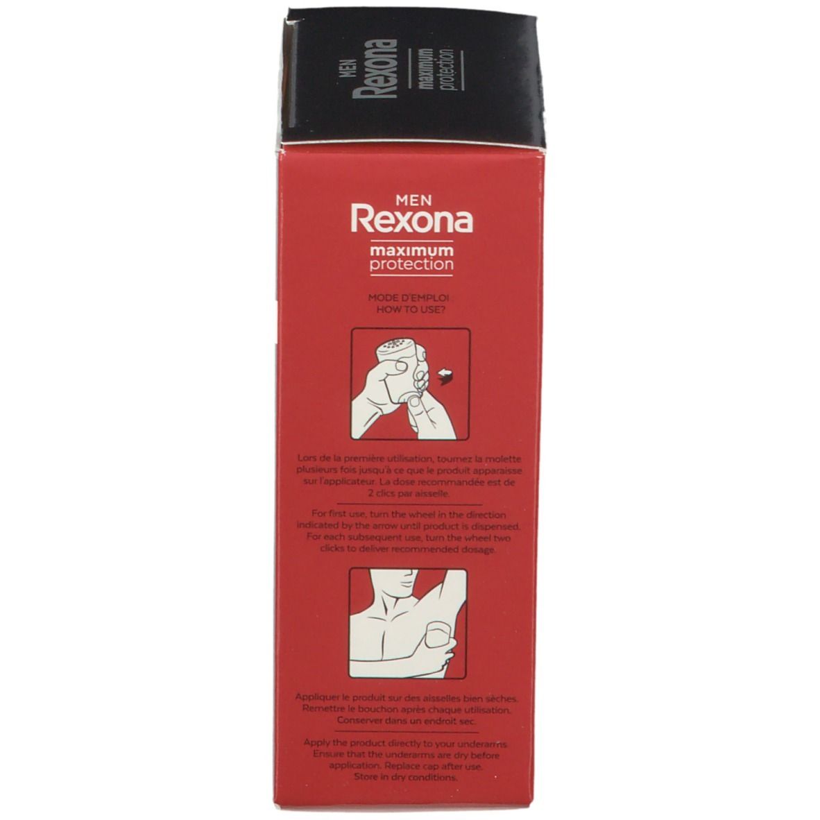 Verpakking van Rexona Maximum Protection. Rode verpakking met gebruiksaanwijzing. Illustraties tonen de toepassing.