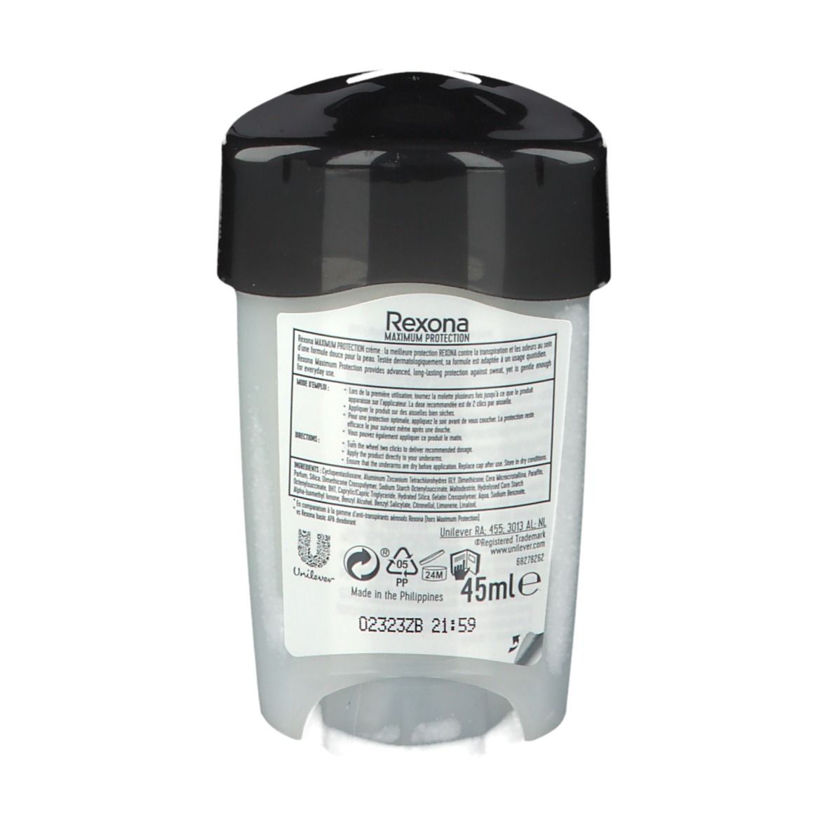 Dos du stick déodorant. Contient des informations et des ingrédients. Volume: 45ml.