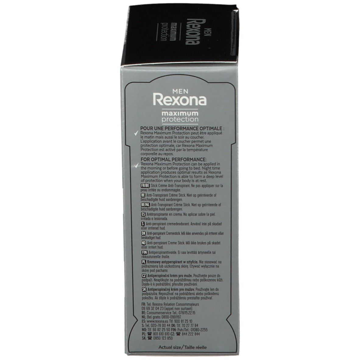 Emballage avec texte. Inscription: MEN, maximum protection. Emballage gris.
