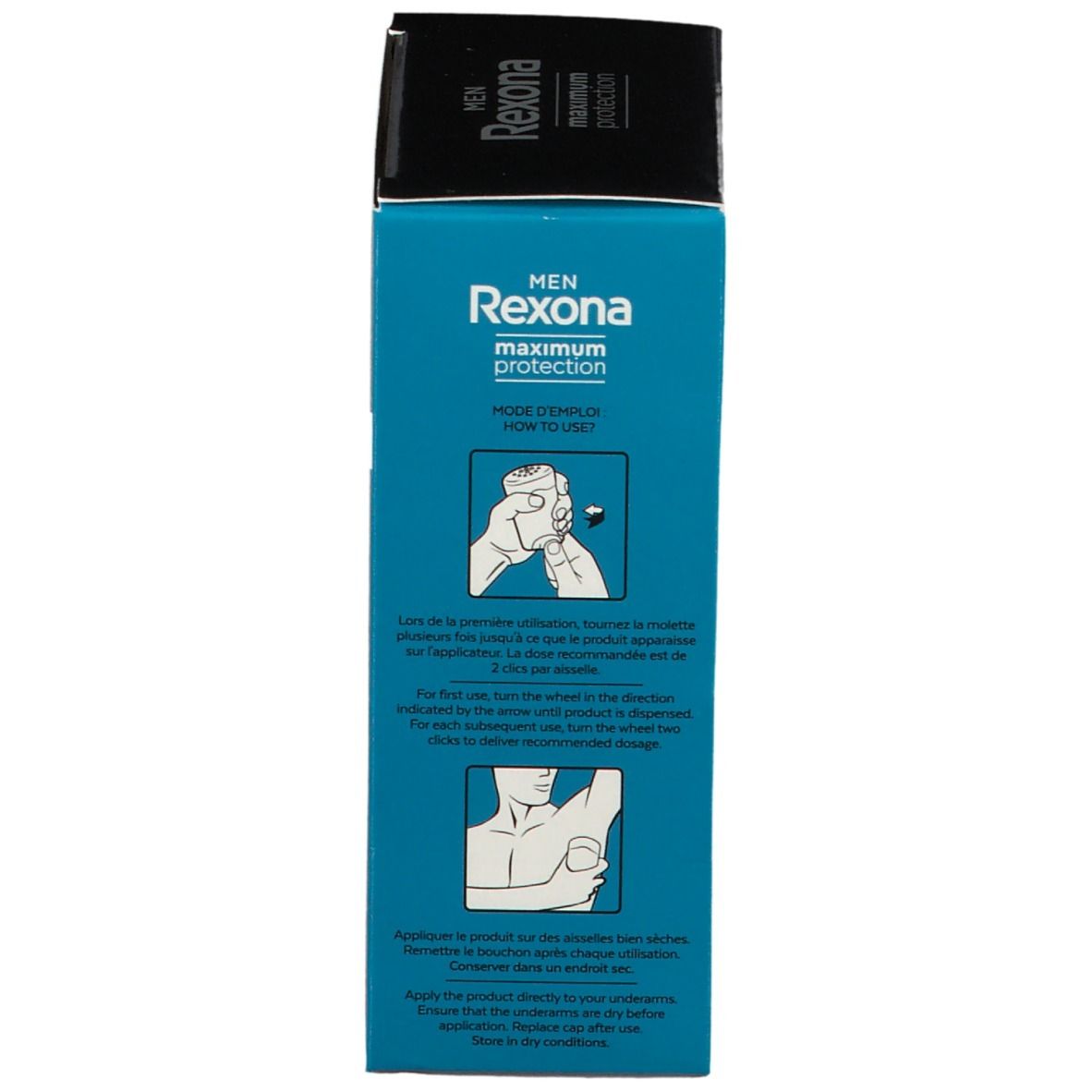 Emballage avec instructions. Inscription: MEN, maximum protection. Illustrations d'utilisation.