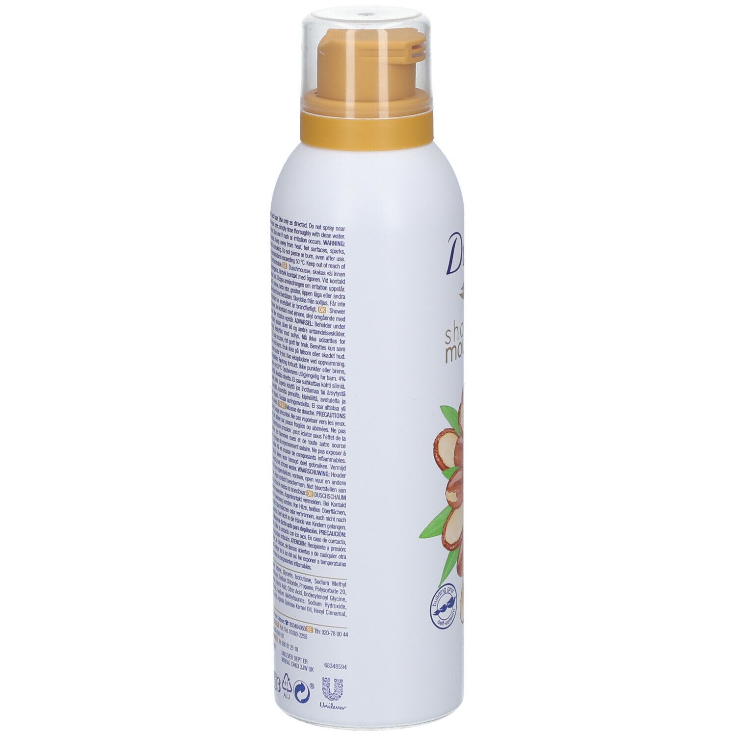 Dove Shower Mousse Flasche, weiße Farbe, mit Texten. Auf der Seite Text in mehreren Sprachen, Unilever Logo.