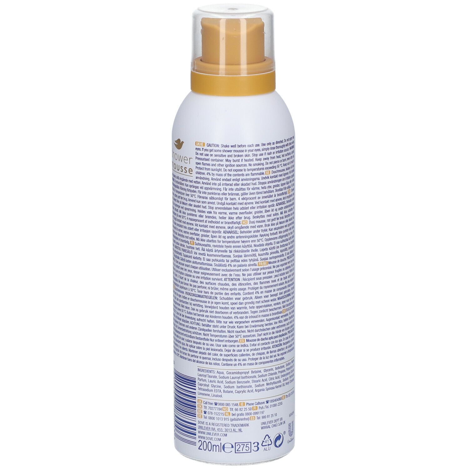 Dove Shower Mousse Flasche, weiße Farbe, mit Texten. Rückseite mit Texten in mehreren Sprachen, 200ml.