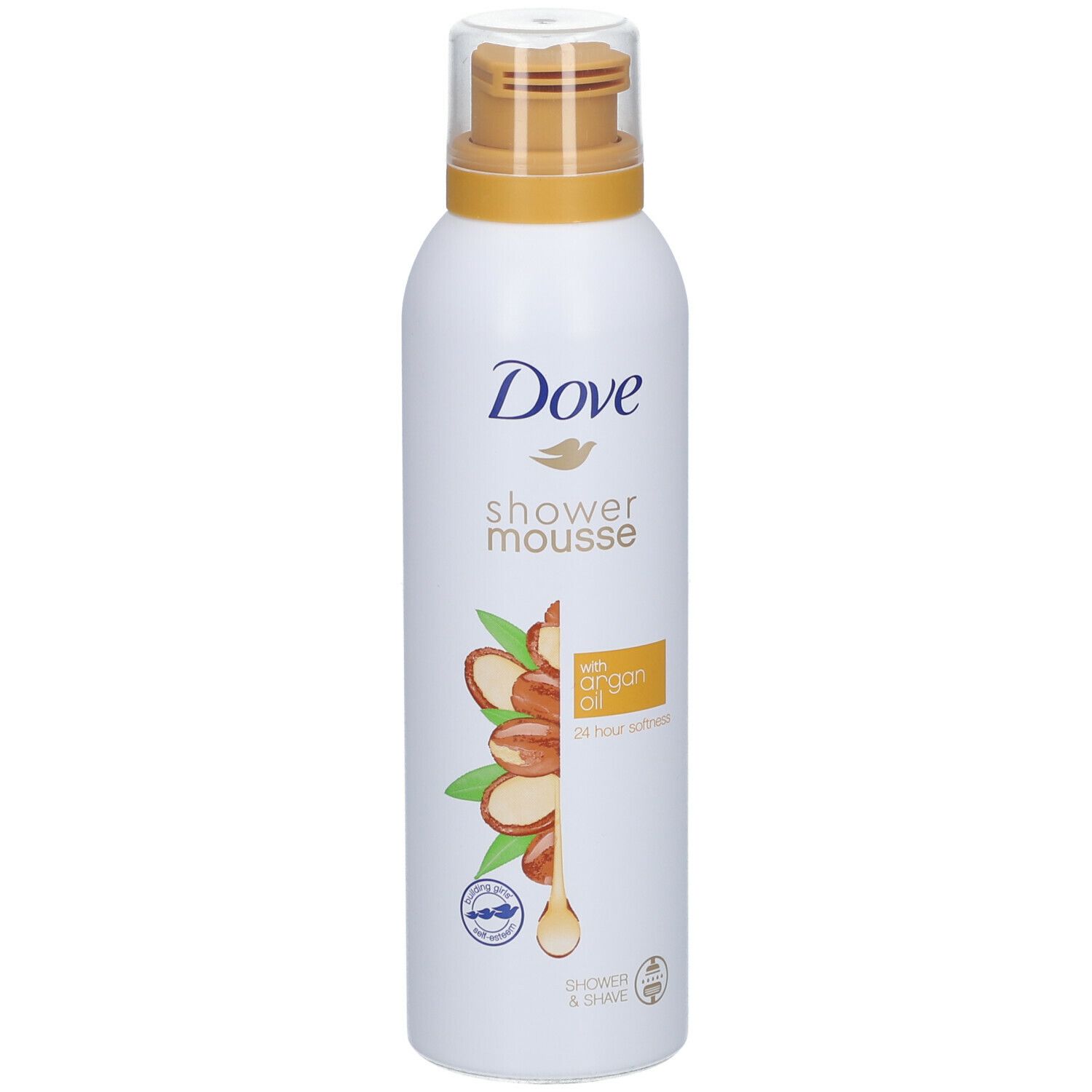 Weiße Flasche Dove Shower Mousse mit Arganöl. Aufdruck: Dove, Shower Mousse, Arganöl, 24h Geschmeidigkeit.