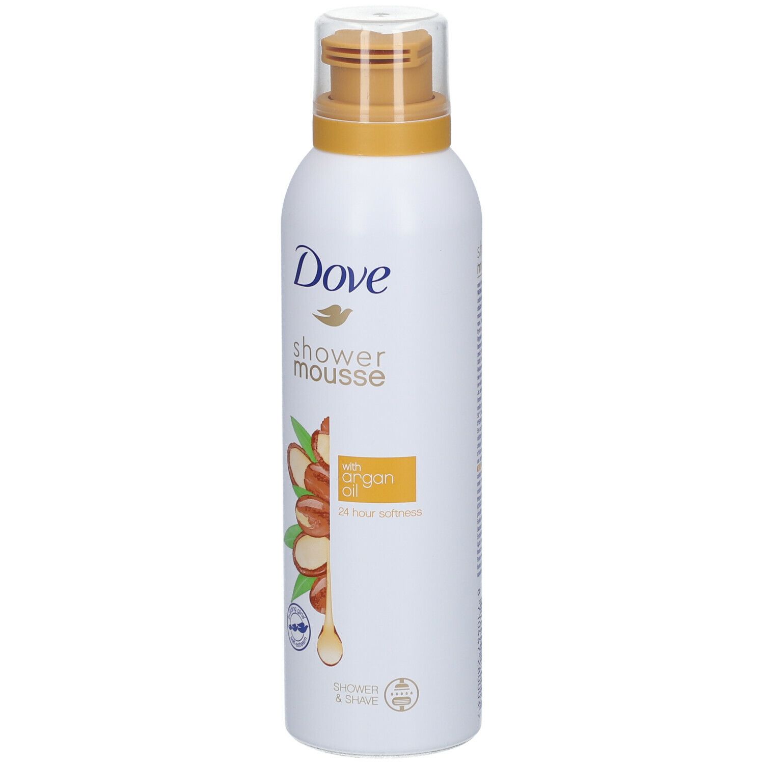 Weiße Flasche Dove Shower Mousse mit Arganöl. Aufdruck: Dove, Shower Mousse, Arganöl, 24h Geschmeidigkeit.