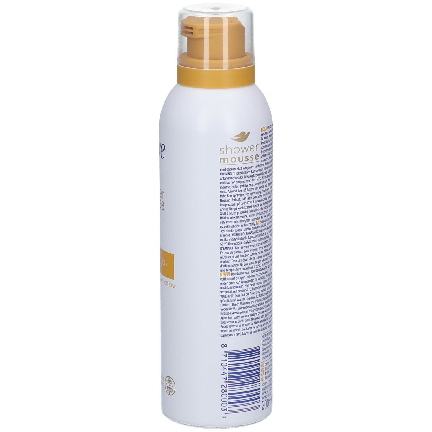 Dove Shower Mousse Flasche, weiße Farbe, mit Texten. Rückseite mit Texten in mehreren Sprachen, 200ml.