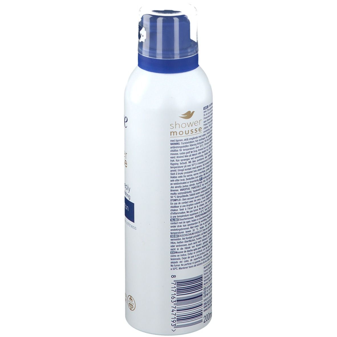 Flacon blanc avec bouchon bleu. Dos avec texte et code-barres. Inscription: Dove Shower Mousse.