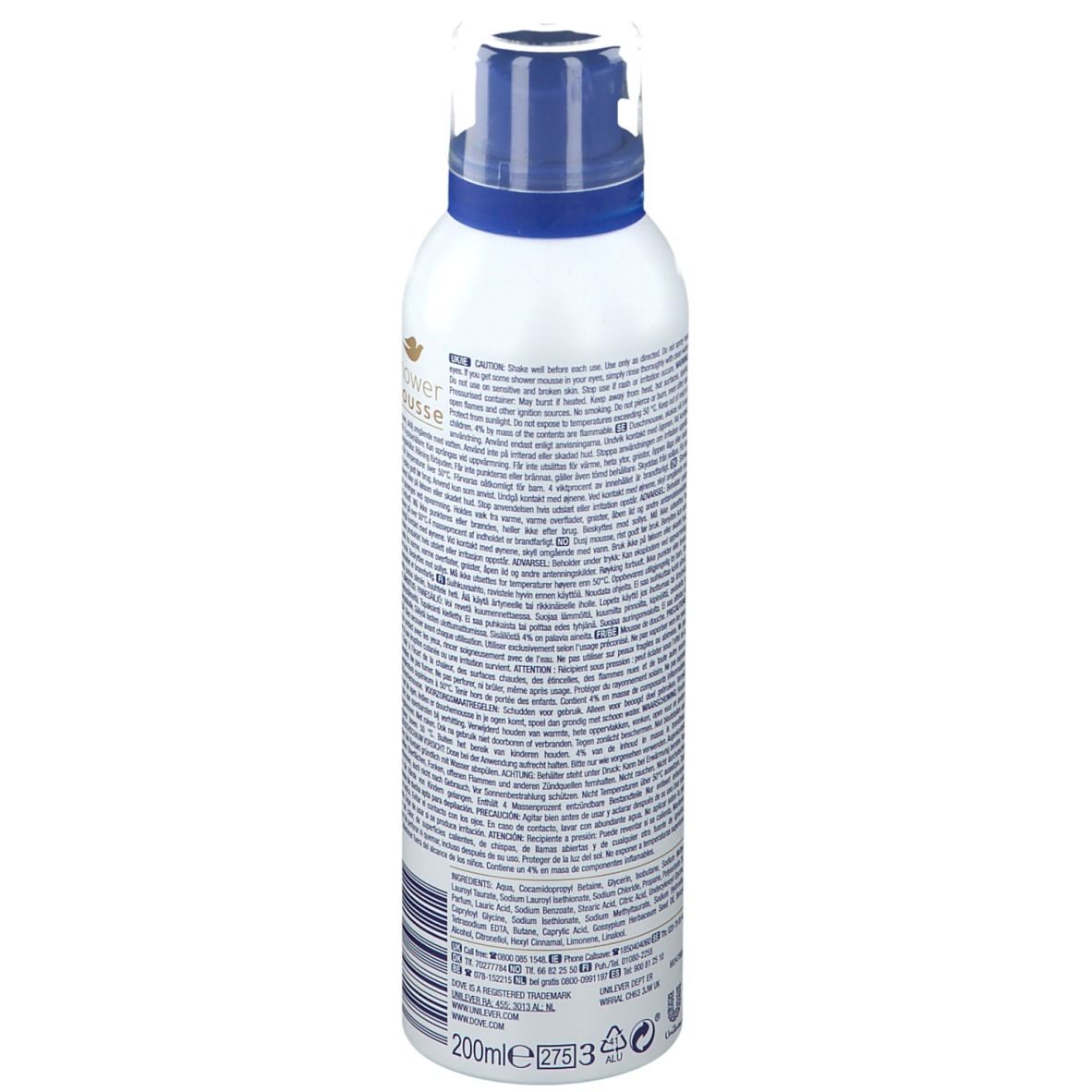 Flacon blanc avec bouchon bleu. Dos avec texte et code-barres. Inscription: Dove Shower Mousse.