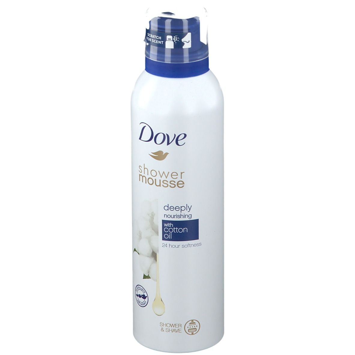 Flacon blanc avec bouchon bleu. Inscription: Dove, Shower Mousse, deeply nourishing with cotton oil. Illustration de coton.