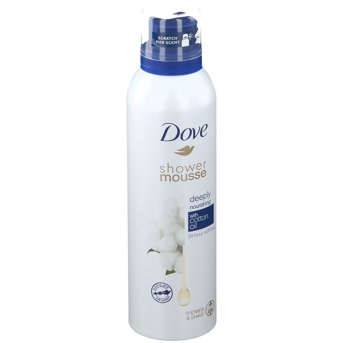 Flacon blanc avec bouchon bleu. Inscription: Dove, Shower Mousse, deeply nourishing with cotton oil. Illustration de coton.