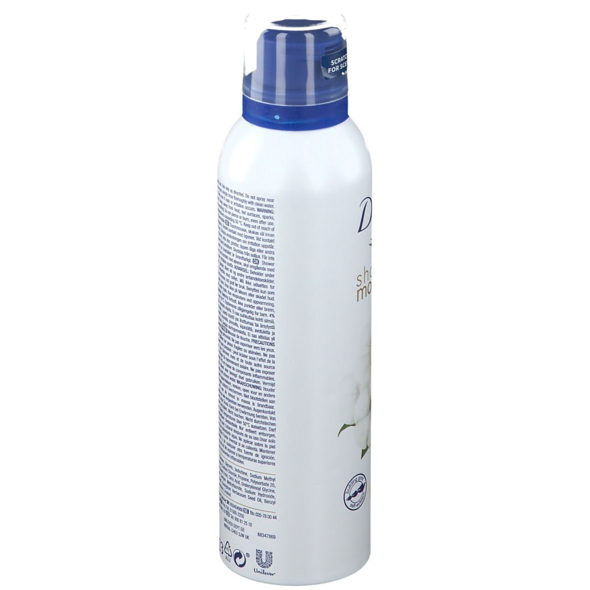 Flacon blanc avec bouchon bleu. Dos avec texte. Inscription: Dove Shower Mousse.