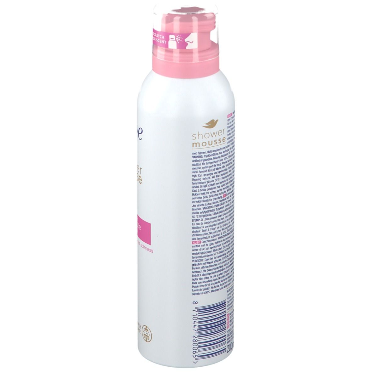 Flacon blanc, Dove Shower Mousse à l'huile de rose. Dos avec texte. Bouchon rose. Code-barres et indication de volume.