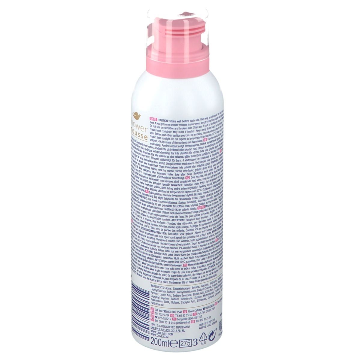 Flacon blanc, Dove Shower Mousse à l'huile de rose. Dos avec texte. Bouchon rose. Indication de volume: 200ml.