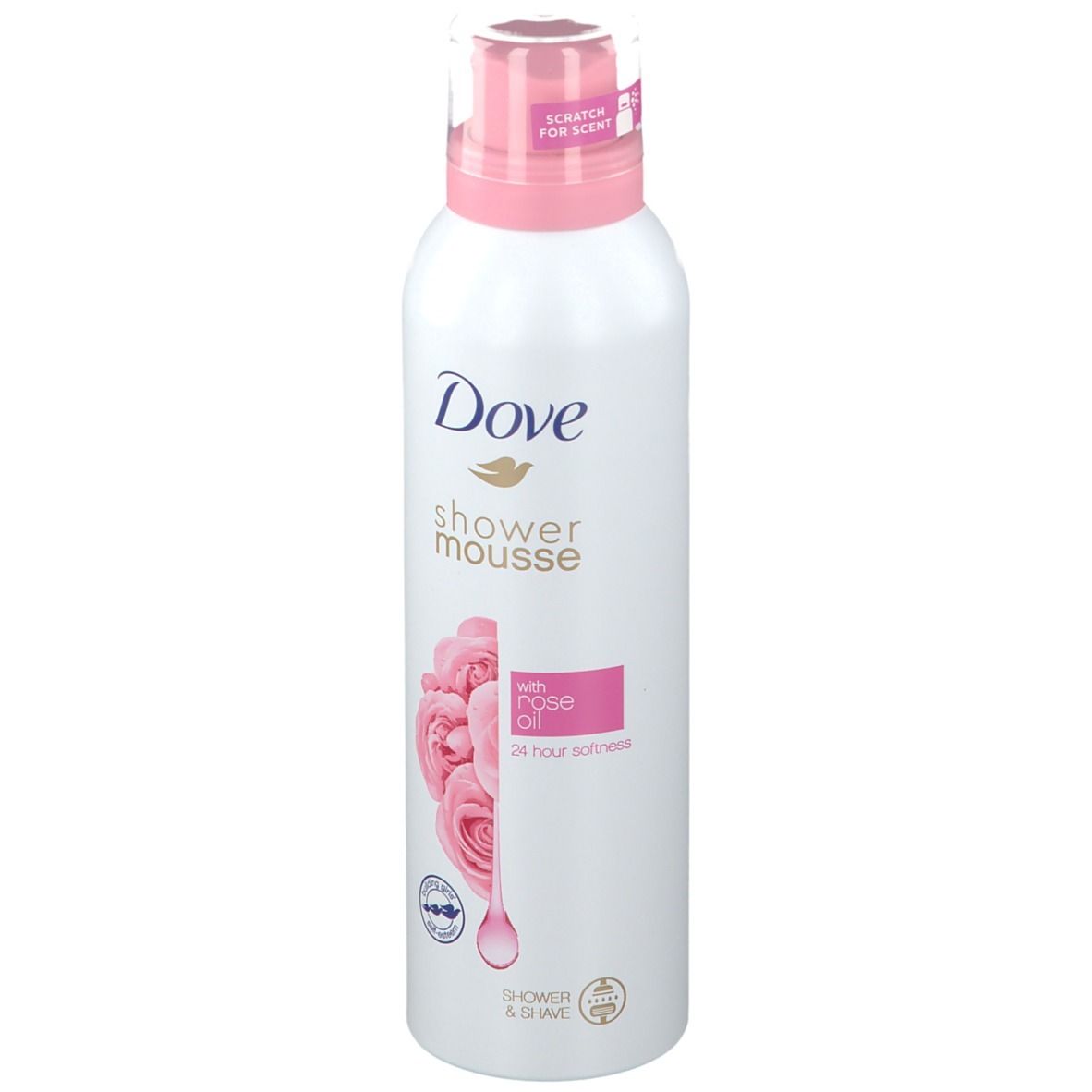 Flacon blanc avec bouchon rose. Dove Shower Mousse à l'huile de rose. Inscription: Rose, douceur 24h. Avec sceau.