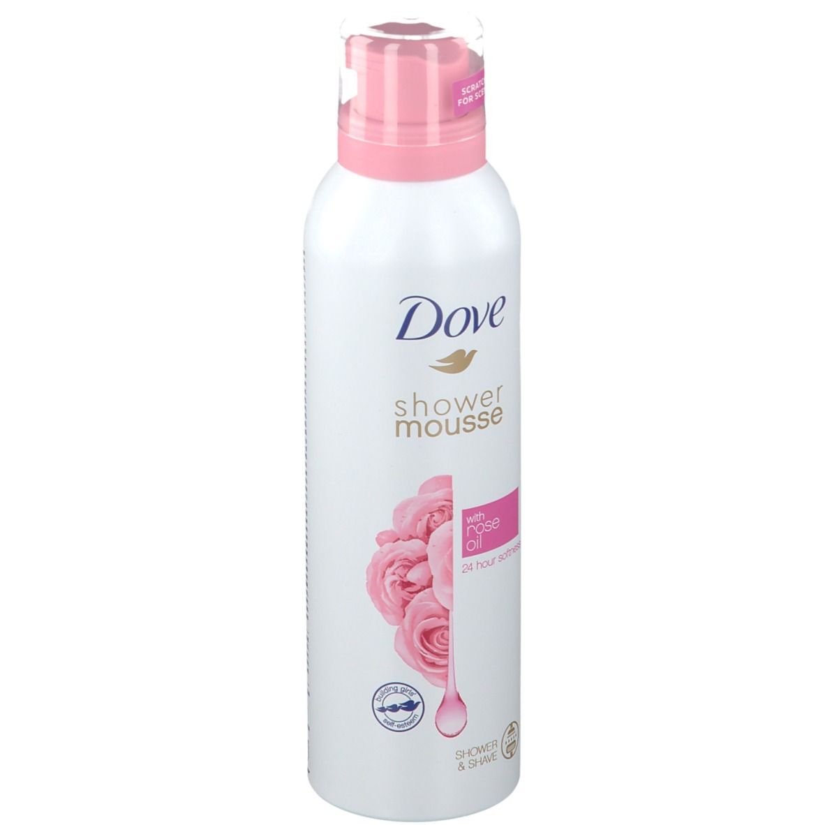 Flacon blanc avec bouchon rose. Dove Shower Mousse à l'huile de rose. Inscription: Rose, douceur 24h. Avec sceau.