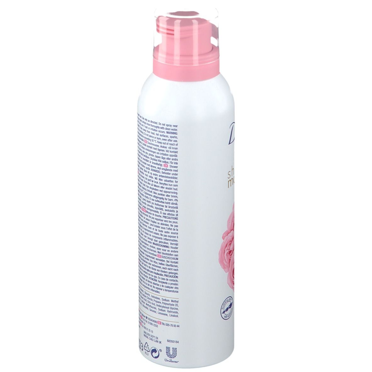 Flacon blanc, Dove Shower Mousse à l'huile de rose. Dos avec texte. Bouchon rose. Indication de volume: 200ml.