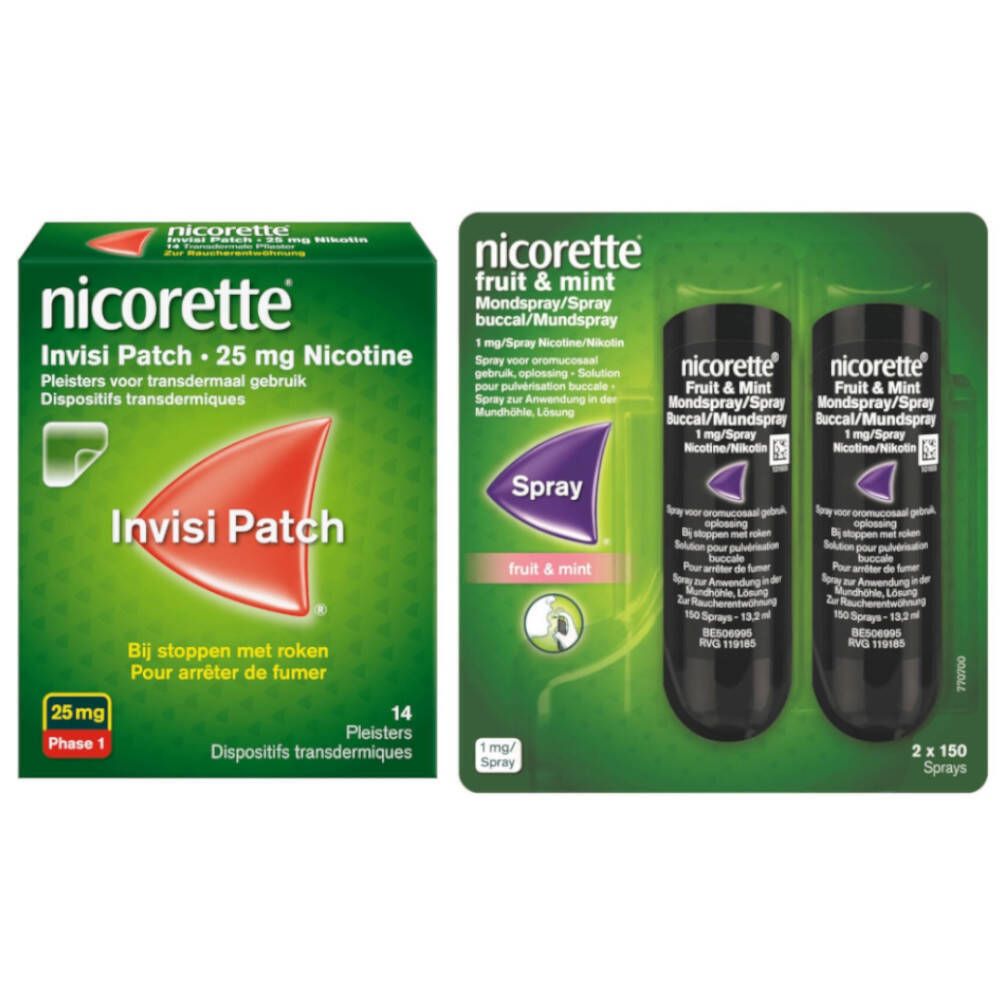 Verpakking Nicorette® Invisi Patch 25mg en spray. Groene verpakking, zwarte spray. Beide producten staan naast elkaar.