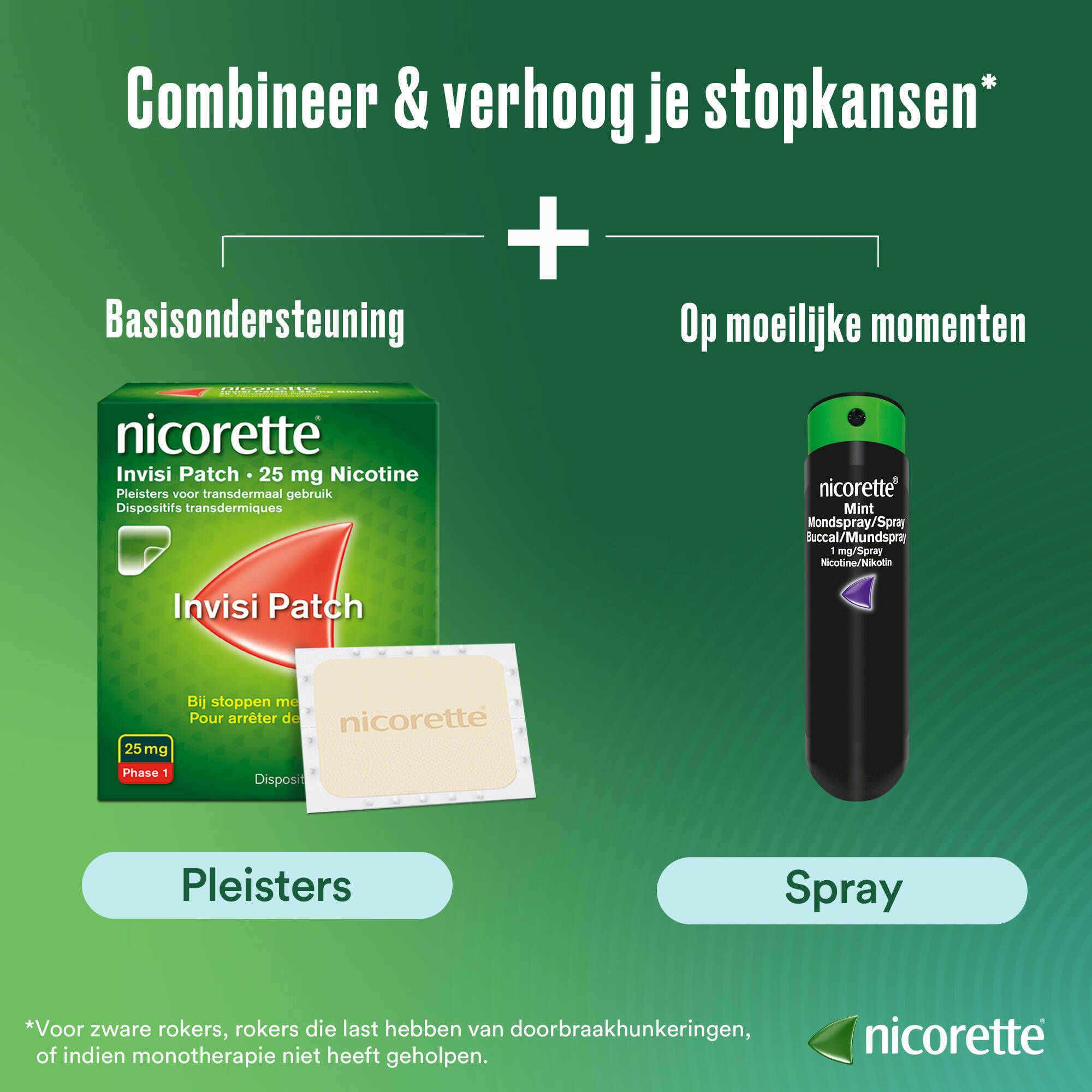 Afbeelding met Nicorette® Invisi Patch en spray. Patchverpakking en sprayflacon. Tekst: Combineer & verhoog je stopkansen.