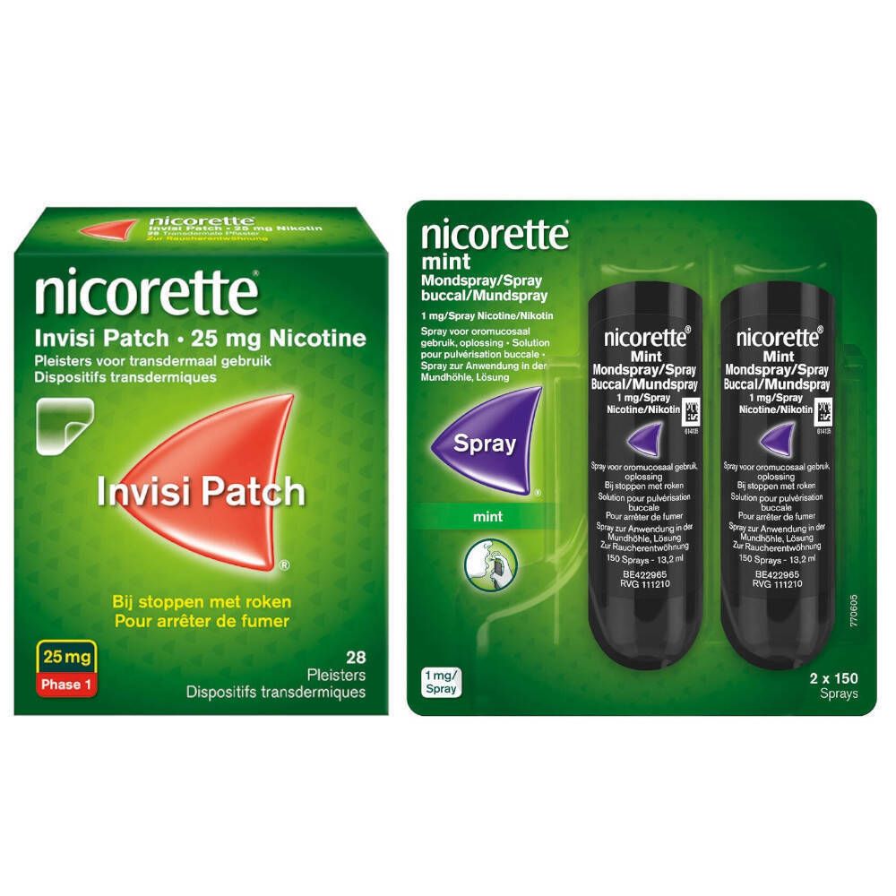 Verpakking Nicorette Combi Therapie. Bevat pleisters en mondspray. Opschrift: Invisi Patch, 25 mg Nicotine, en Mint Spray.