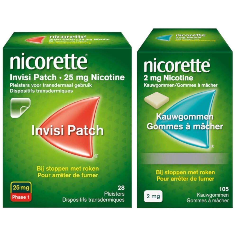 Twee dozen Nicorette. Links: Invisi Patch, 25 mg nicotine. Rechts: Kauwgom, 2 mg nicotine. Tekst in het Nederlands en Frans.