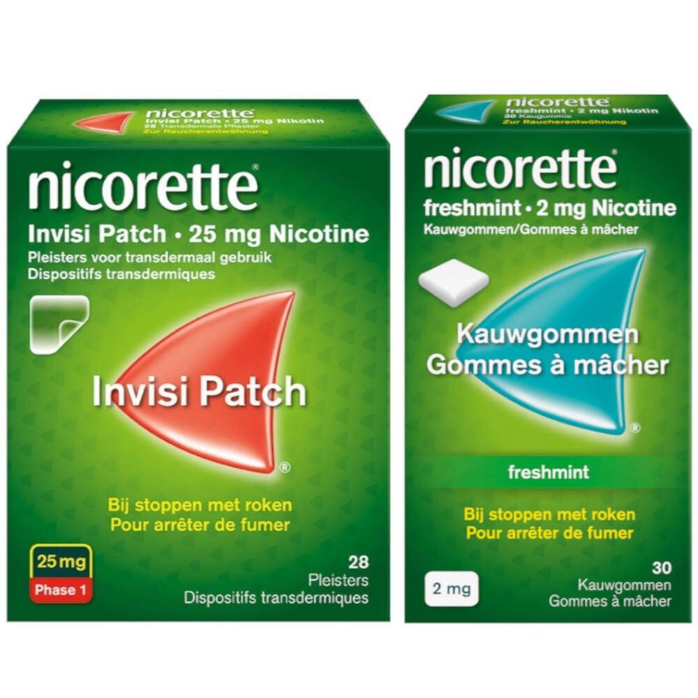 Twee dozen Nicorette®: Invisi Patch 25mg en Freshmint 2mg kauwgom. Groene verpakkingen met productinfo.