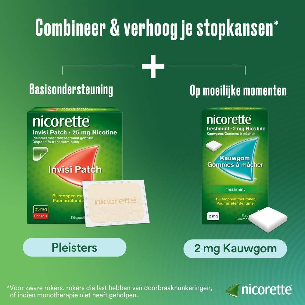 Combinatie van Nicorette® Invisi Patch en kauwgom. Tekst: 'Combineer & verhoog je stopkansen'.