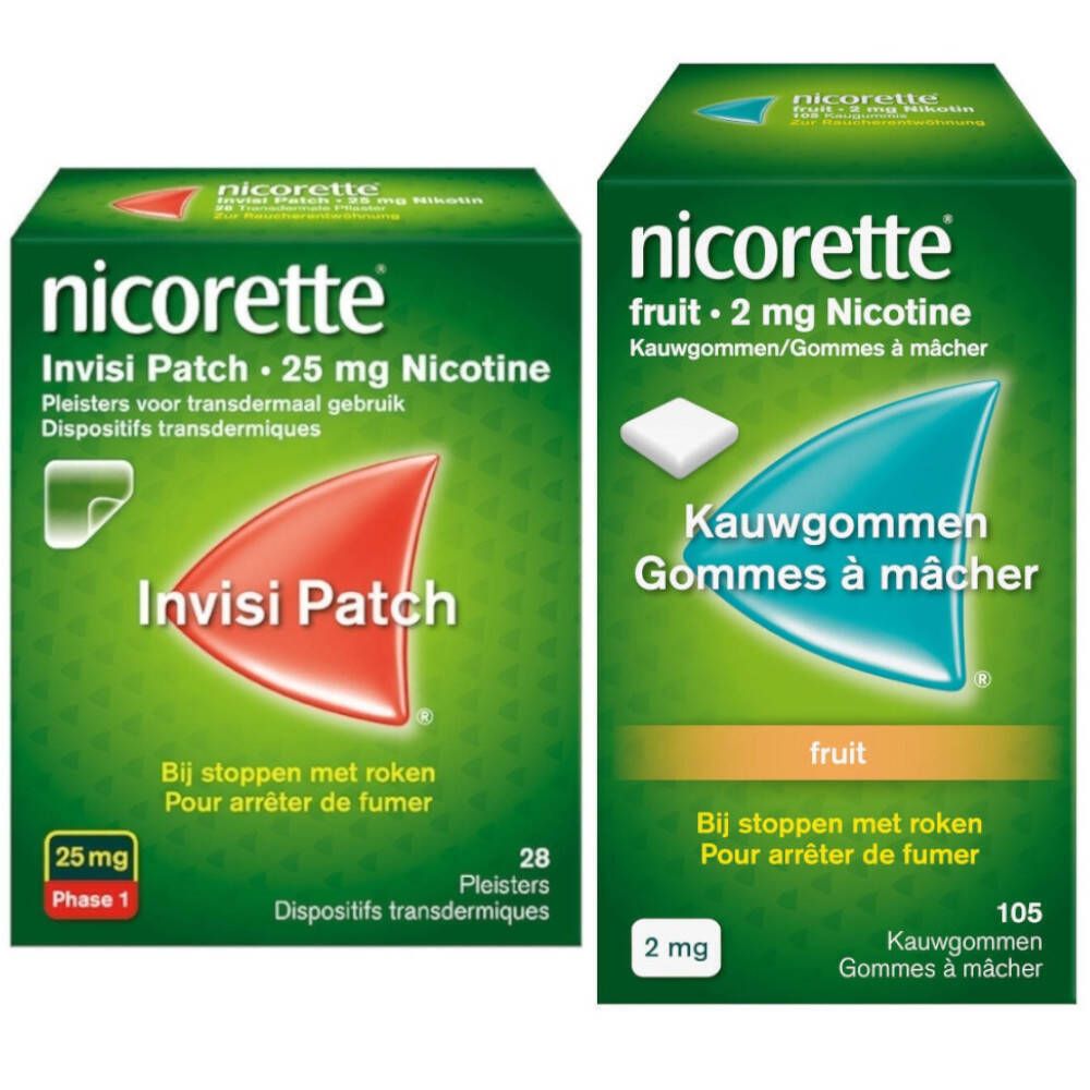 Twee groene dozen. Links: "Invisi Patch" met rood logo. Rechts: "Fruit" met blauw logo. Beide: "nicorette".