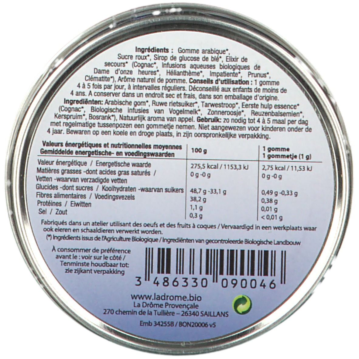 Achterkant van de doos met voedingswaarde en ingrediëntenlijst. Tekst in Frans en Nederlands.