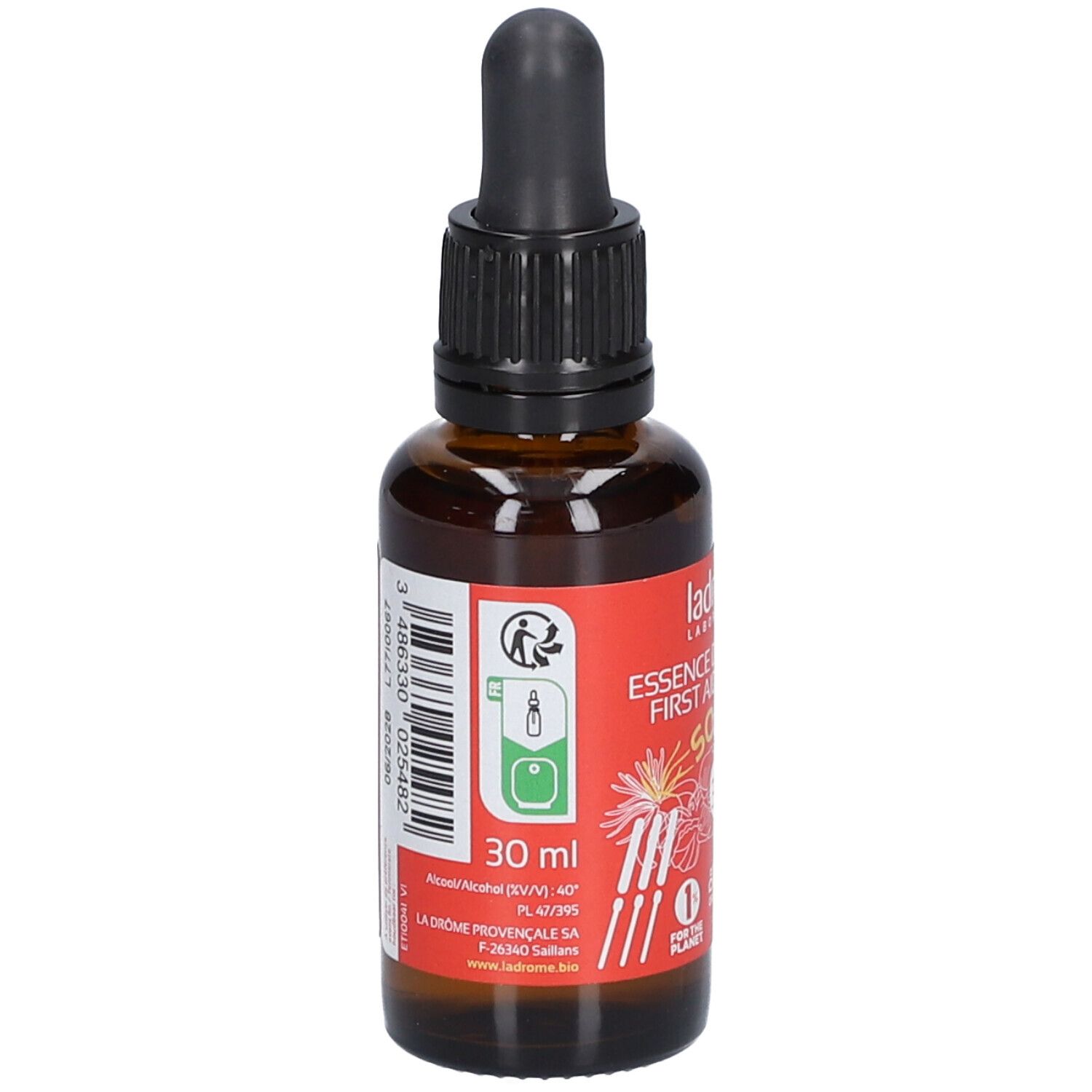 Braune Glasflasche mit schwarzem Verschluss und Pipette. Rotes Etikett mit Text und 30 ml. Label mit Recycling-Symbol.