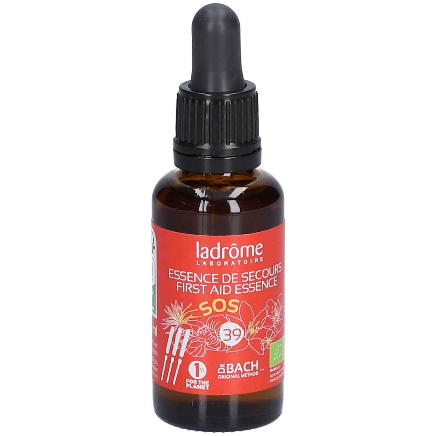 Braune Glasflasche mit schwarzem Verschluss und Pipette. Rotes Etikett mit Text: Essence de Secours, SOS, 39, Bach.