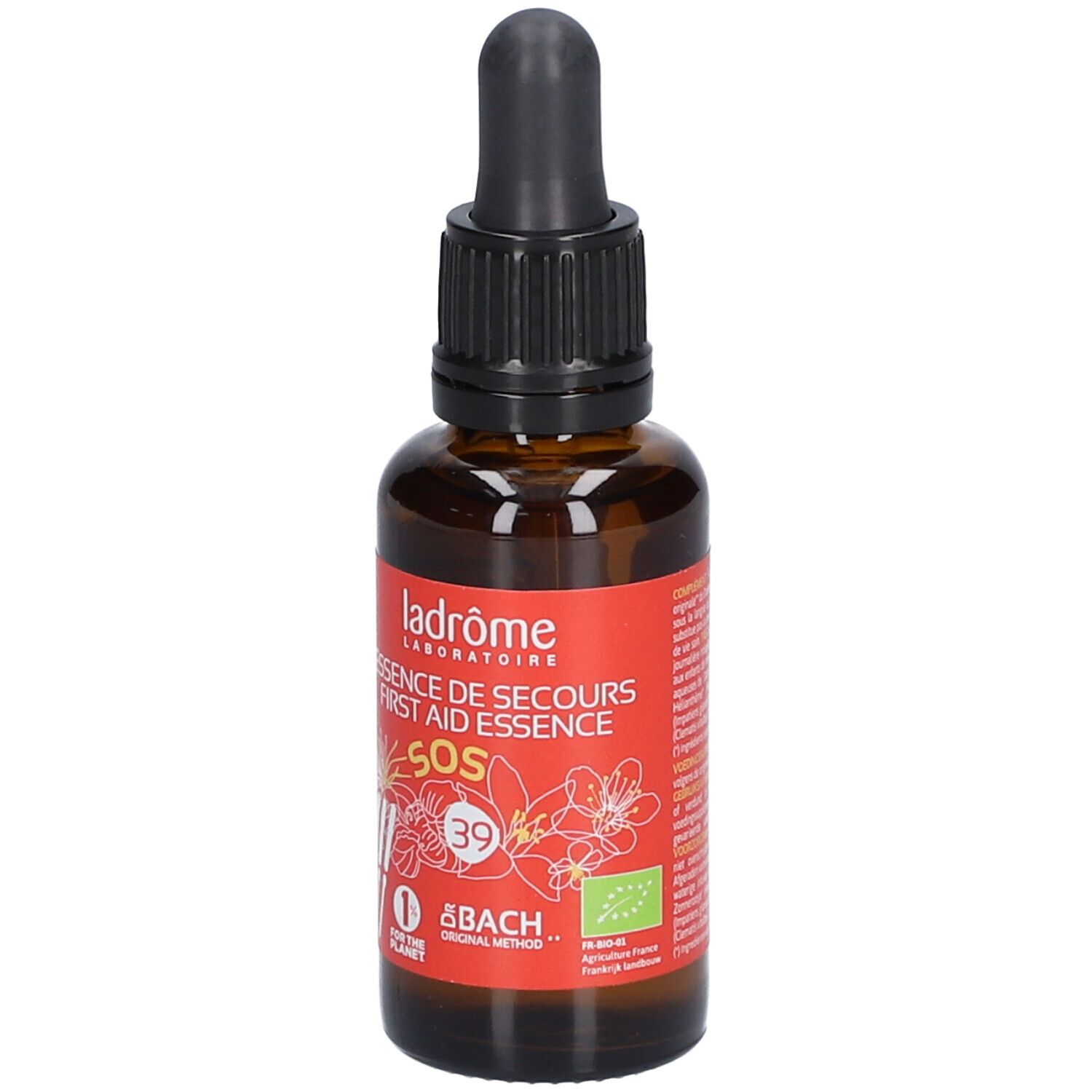 Braune Glasflasche mit schwarzem Verschluss und Pipette. Rotes Etikett mit Text: Essence de Secours, SOS, 39, Bach.