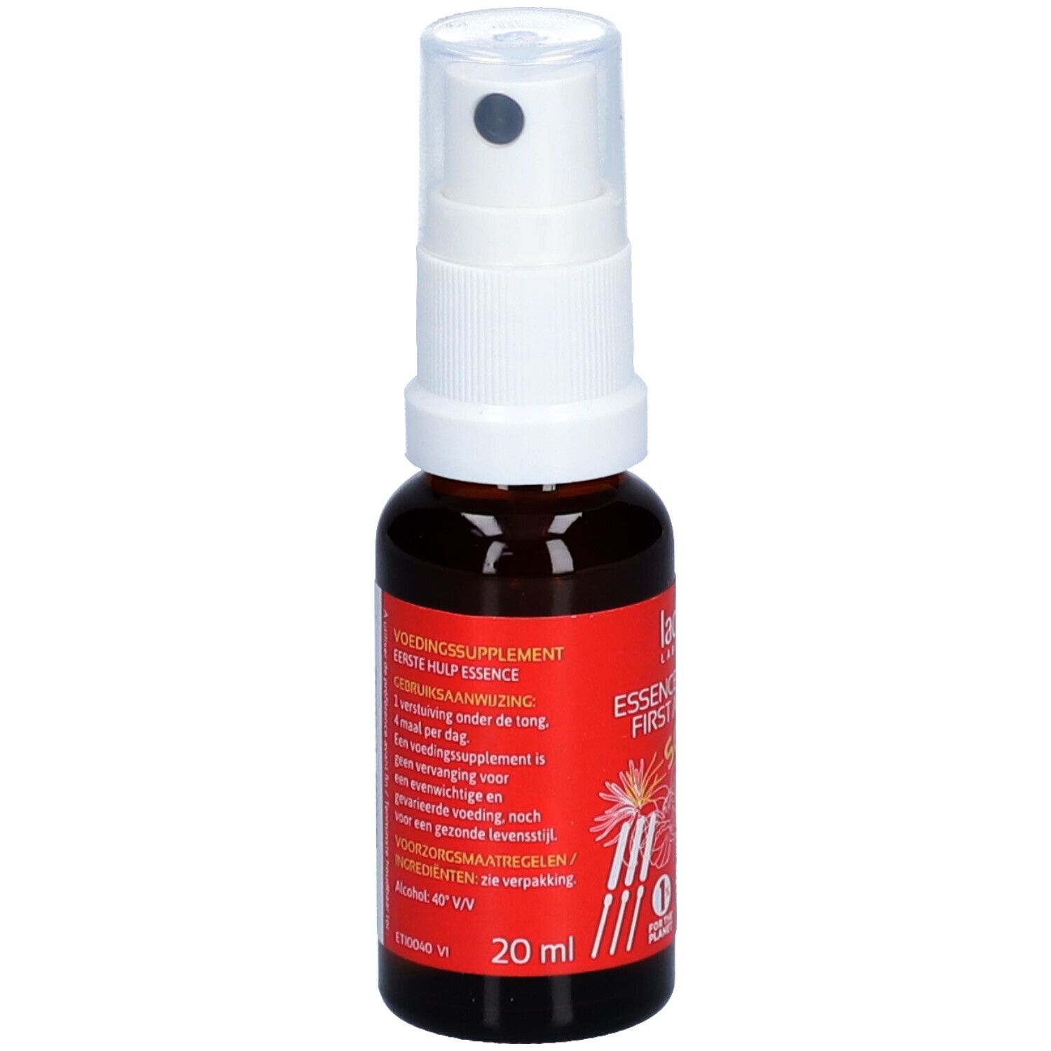 Bruine glazen fles met witte spraykop. Rood etiket met tekst. 20 ml. SOS-opdruk. Bio-keurmerk.