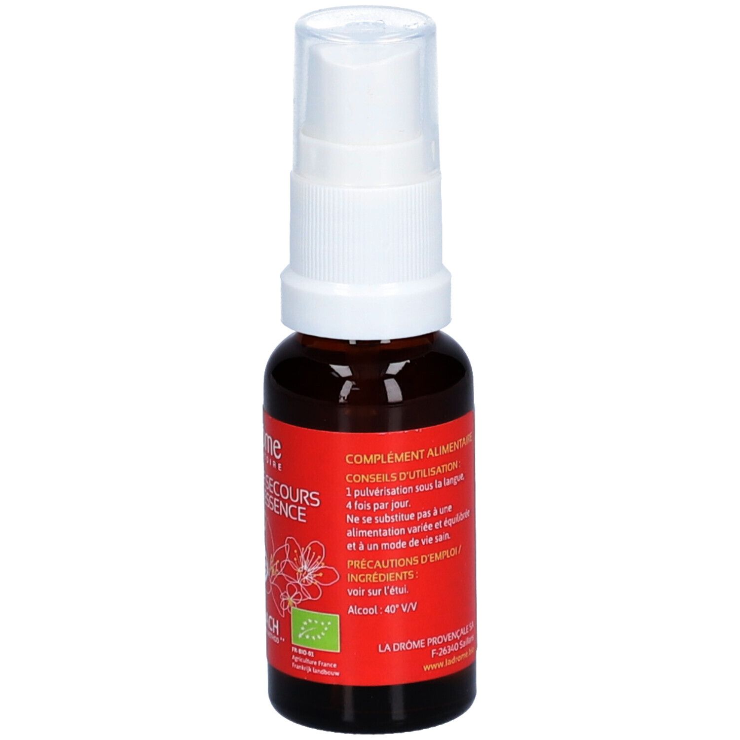 Bruine glazen fles met witte spraykop. Rood etiket met tekst. Bio-keurmerk. Opdruk: 40% vol. alcohol.