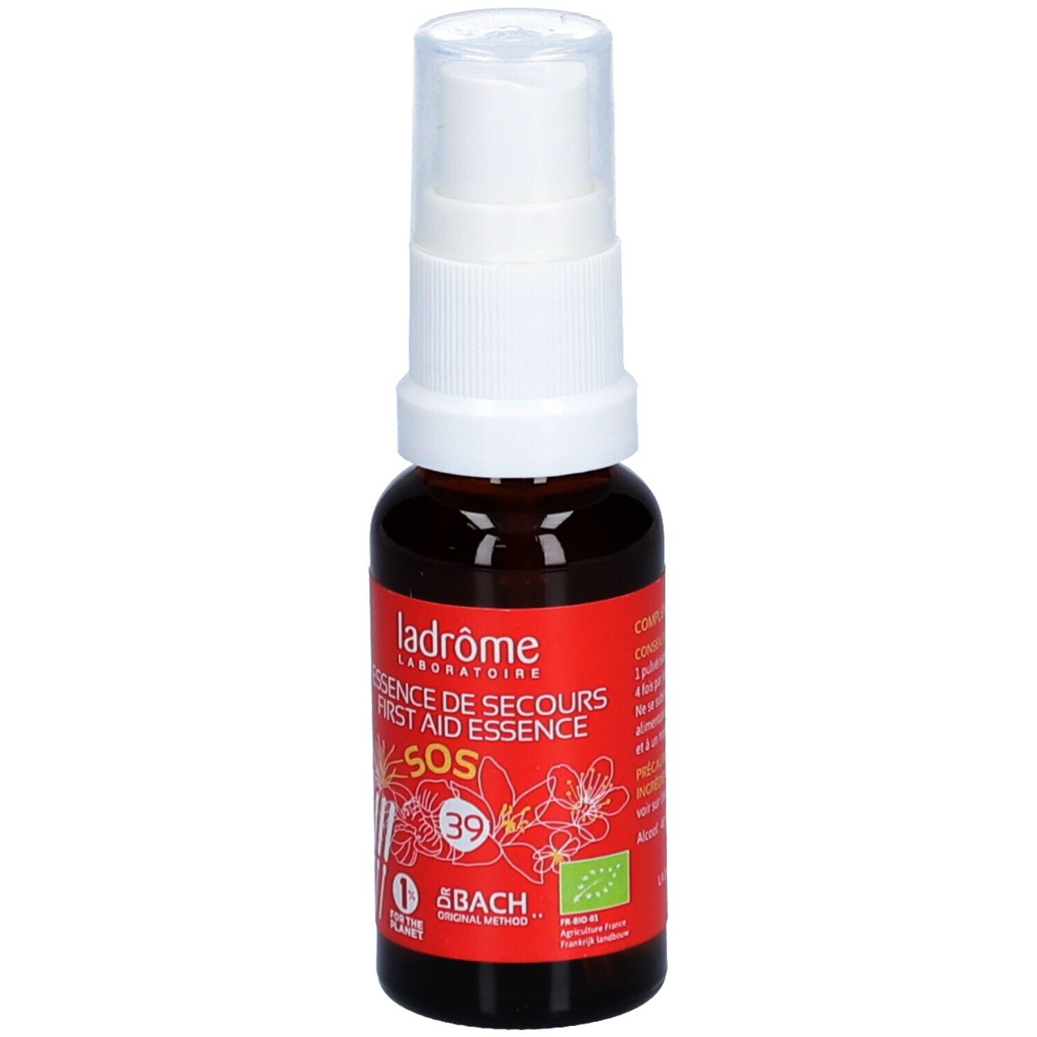 Bruine glazen fles met witte spraykop. Rood etiket met tekst en bloemen. Bio-keurmerk. SOS-opdruk.