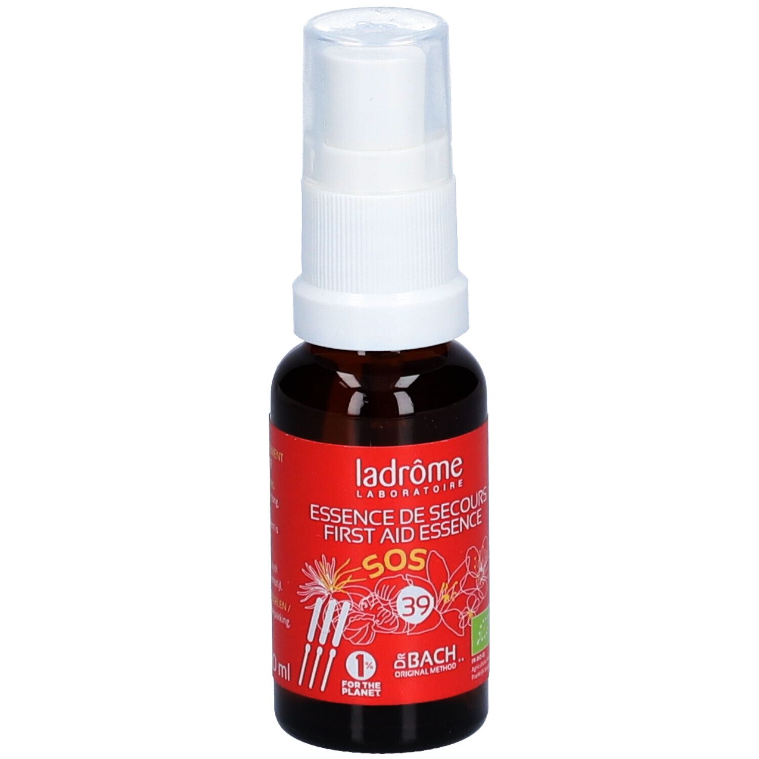 Bruine glazen fles met witte spraykop. Rood etiket met tekst en bloemen. Bio-keurmerk. SOS-opdruk.